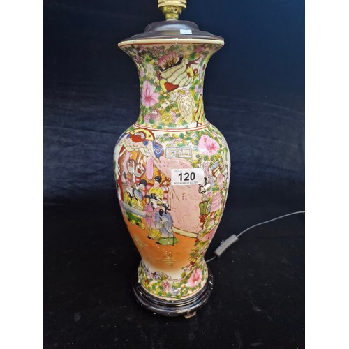 120 - A large Chinese hand painted porcelain table lamp in a Famile Rose style. Mounted on rosewood stand ... 