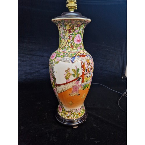 120 - A large Chinese hand painted porcelain table lamp in a Famile Rose style. Mounted on rosewood stand ... 