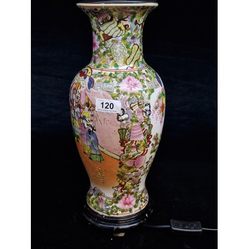 120 - A large Chinese hand painted porcelain table lamp in a Famile Rose style. Mounted on rosewood stand ... 