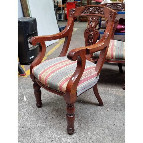 339 - Star Lot : An elegant set of six heavy rosewood, Victorian style splat back dining chairs, boasting ... 