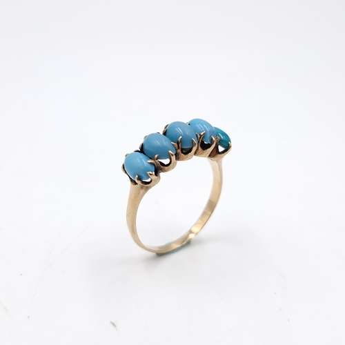 46 - A five stone turquoise silver gilt ring (one stone replaced) Ring size - O. Weight - 2.25 grams.