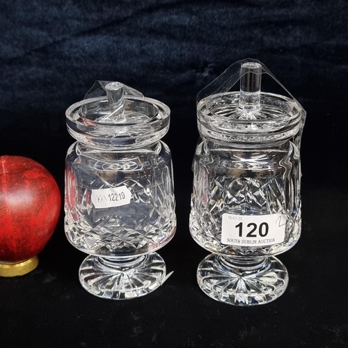 120 - Two Waterford Crystal lidded preserve pots in the Lismore pattern. In good condition with acid marks... 