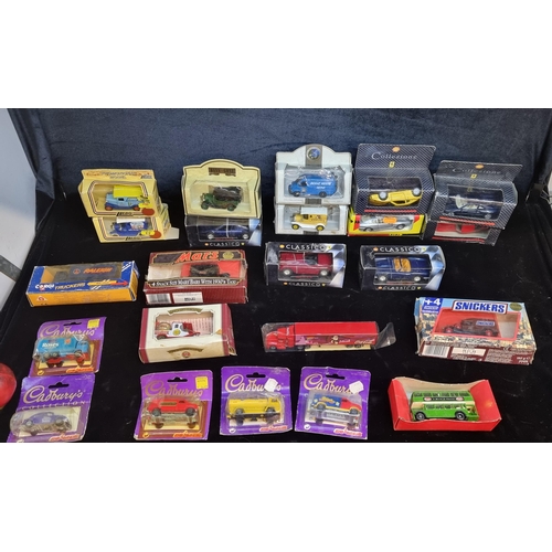 151 - A collection of 21 diecast model cars, buses and trucks. Includes examples from Corgi, Lledo and Cla... 