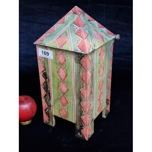 169 - An unusual  hand crafted art studio pottery piece of a tall lidded ceramic box with an angular desig... 