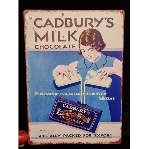 193 - A large heavy printed metal wall sign of a vintage advertising sign for Cadburys chocolate.