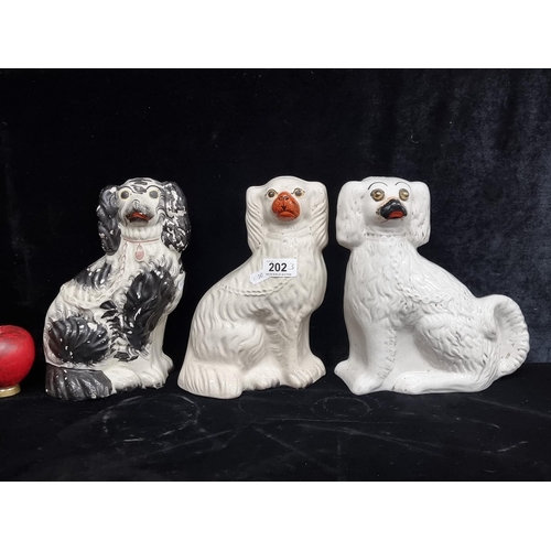 202 - Three Victorian Staffordshire hand painted spaniel dogs. All featuring firing holes, in good conditi... 