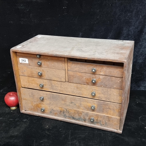 242 - A superb antique engineer's wooden toolbox featuring eight pull out drawers and turned handles.