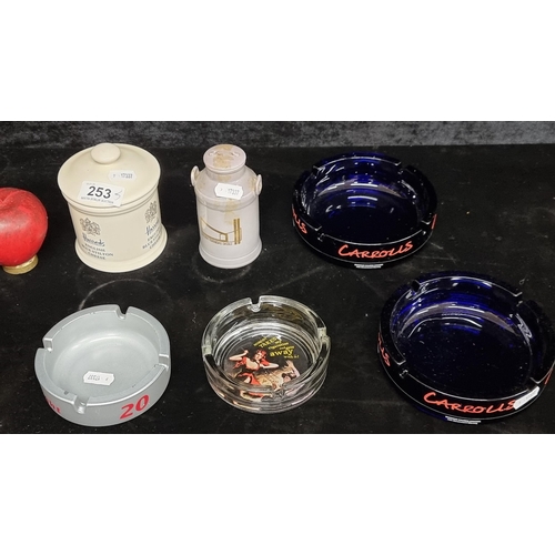 253 - Six items including two Carrolls Cigarette glass ashtrays.