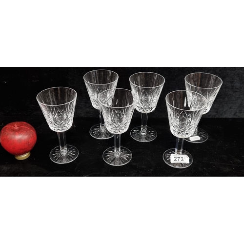 273 - A set of six Waterford Crystal tall stemmed wine glasses in the Lismore pattern. All in excellent co... 