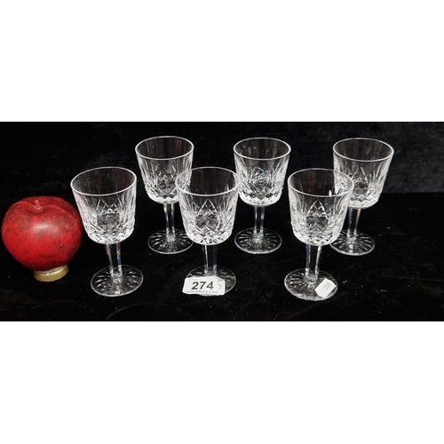 274 - Six Waterford Crystal stemmed glasses in the Lismore pattern. All in excellent condition retaining a... 