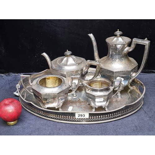 293 - Five antique silver plated items including a coffee pot, tea pot, sugar bowl, creamer and large serv... 