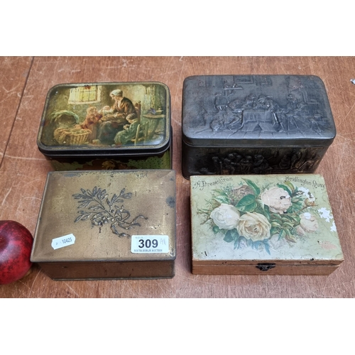 309 - Four vintage boxes including three tinned and one wooden example.