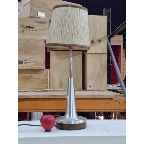 350 - A stylish vintage Industrial space age table lamp featuring brushed chrome and wooden stand.