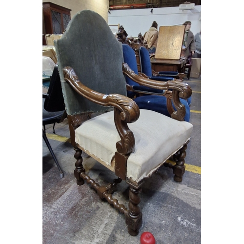 355 - Star Lot : A wonderful large Victorian armchair with fabulous barley twist stretchers and foliate an... 