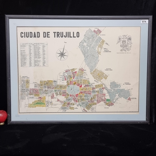 74 - A vintage print of a map of 'Ciudad de Trujillo' - the Peruvian City of Trujillo. Housed in a black ... 