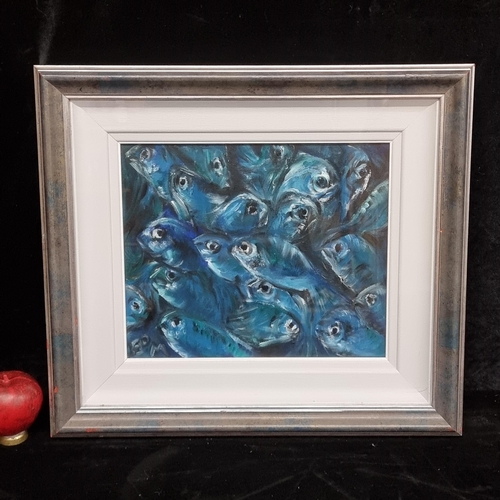 86 - An original oil on canvas painting. Feaures an expressionist composition of fish brought to life thr... 