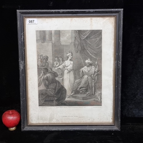 87 - A 19th Century antique print of an engraving titled 'Esther Accusing Haman' originally published in ... 