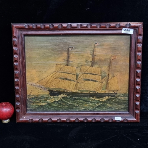 99 - A print of an original painting. Features a sailing ship. Housed in a wooden frame.