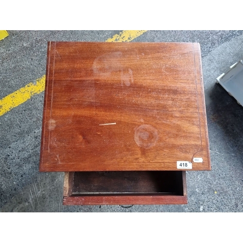 418 - Vintage Mahogany Side Table, has a single drawer with a brass pull handle and a smooth surface with ... 