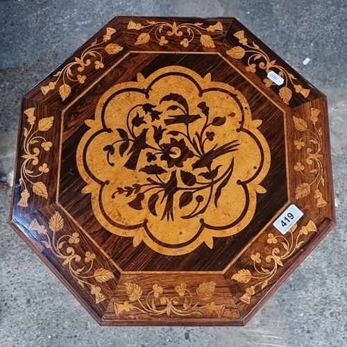 419 - Star lot : A beautiful victorian marquetry inlaid pedestal sewing poy table, featuring intricate flo... 