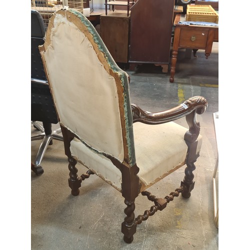 355 - Star Lot : A wonderful large Victorian armchair with fabulous barley twist stretchers and foliate an... 