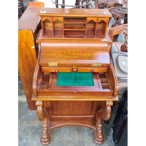 385 - Star Lot : A fantastic Davenport style writing desk with pull out green baize writing surface, four ... 