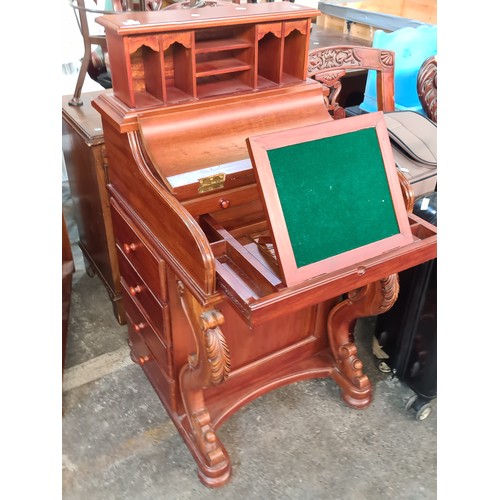 385 - Star Lot : A fantastic Davenport style writing desk with pull out green baize writing surface, four ... 