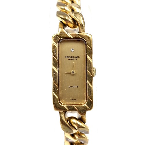 9 - A Raymond Weil Swiss Geneve tank style ladies wristwatch with gold link bracelet (In need of attenti... 