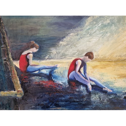 109 - Star Lot: A wonderful large original oil on board painting. Features seated Ballerinas. Rendered in ... 