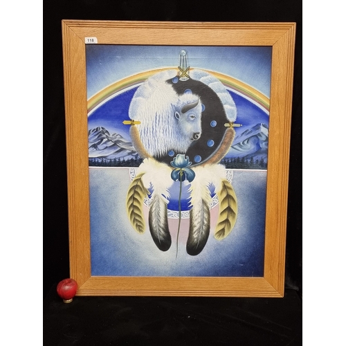 118 - A large print of an original oil on canvas painting. Features a white buffalo within a circular drea... 