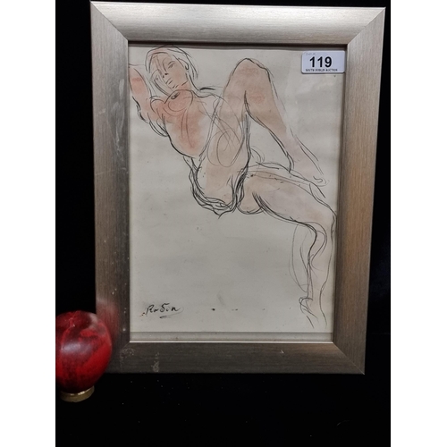 119 - An original 'Rosin' charcoal and watercolour on paper painting. Features a nude study of a woman rec... 