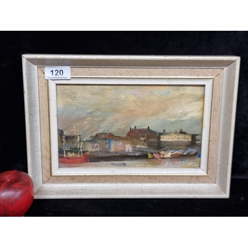 120 - An original 'K. Cafferkey' oil on canvas painting. Features an impressionistic scene of a harborside... 