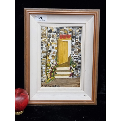 126 - A charming original Helen Dawson oil on canvas painting. Features the facade of a house characterize... 