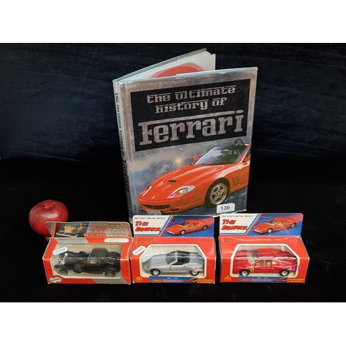 136 - Three die cast metal model cars including The Superior motorized 8602 Ferraro Testarossa, all in ori... 