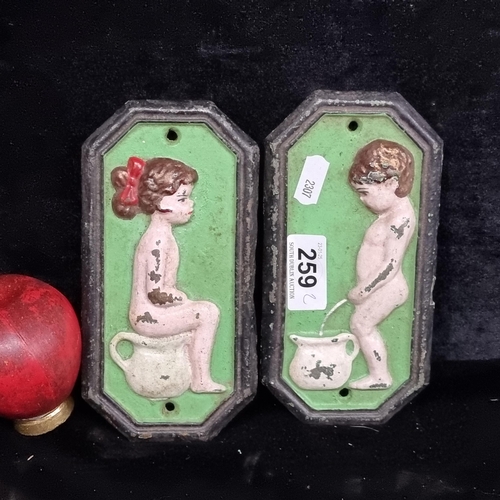 259 - A pair of vintage style cast metal bathroom plaques. Features a mint green background and gendered r... 