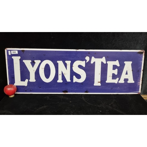 266 - A large heavy advertising cast metal wall plaque. Features 'Lyons Tea'. In classic blue and white to... 