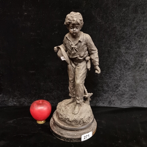 271 - A charming antique spelter statue of a barefooted young boy with hat. Brass plaque to base engraved ... 