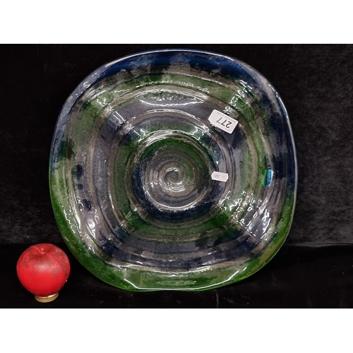 277 - A large vintage glass serving platter with attractive blue and green spiral design. Perfect for dips... 