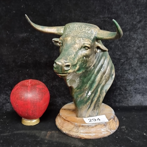 294 - A fabulous bulls head bust mounted on a marble plinth base.