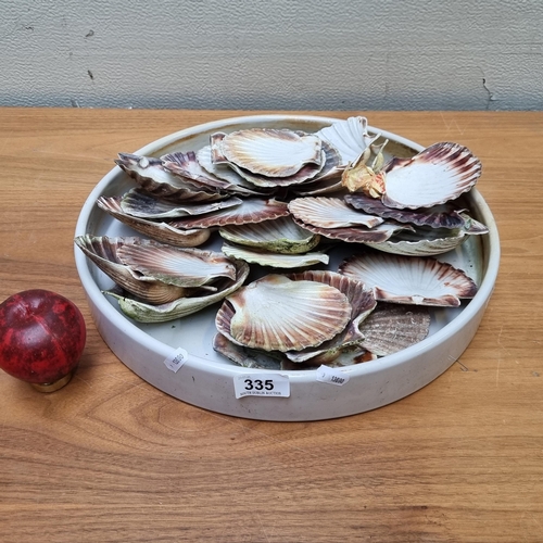 335 - A large ceramic serving dish filled with natural scallop shells.