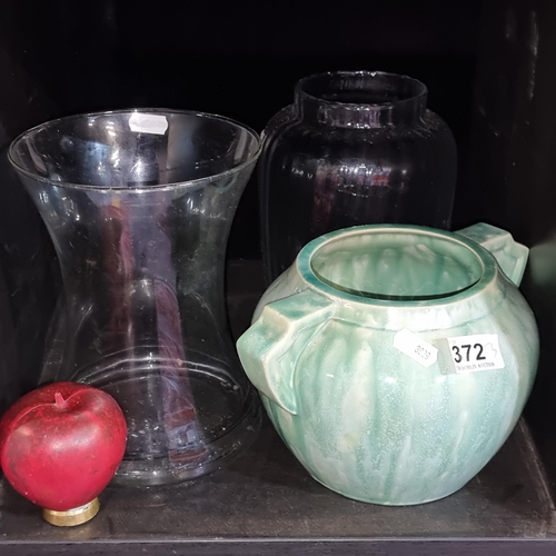 372 - Three vases including a Carrig ware ceramic example, two glass examples one with a nice reeded desig... 