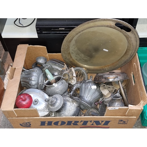 378 - A large quantity of pewter, silverplate and brass including tea and coffee pots and serving platters... 