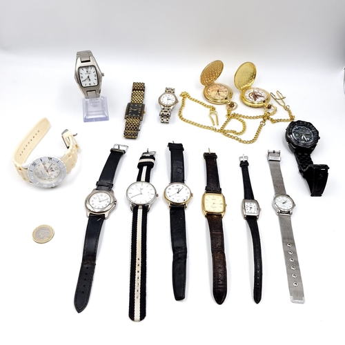 93 - A collection of eleven wristwatches containing a Seiko and Lorus example. Also, two gold metal pocke... 