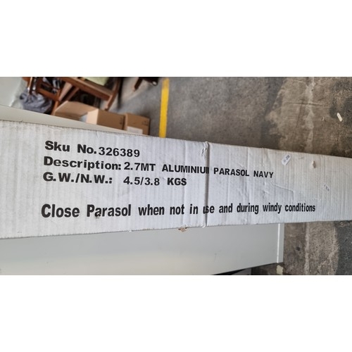 351 - A heavy duty 2.7MT aluminum navy parasol, comes with original box. In good order. You will be lookin... 