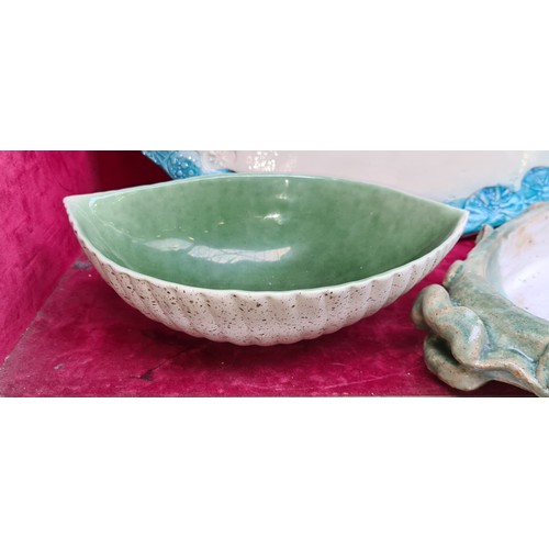 329 - Three fabulous pieces of studio art pottery includes two platters in the form of fish and a shell sh... 