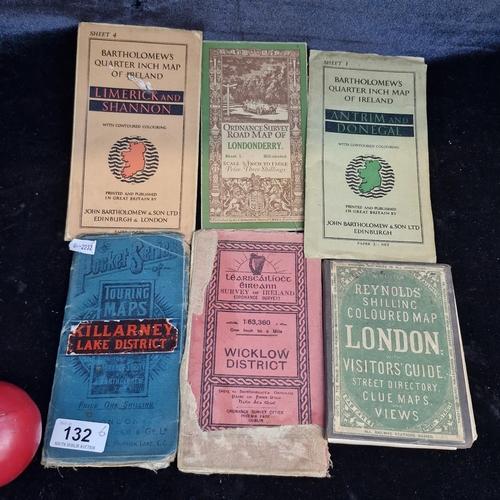 132 - Six vintage pocket maps including Bartholomew's Quarter inch maps of Ireland, Ordnance Survey and Re... 