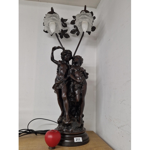 211 - A beautiful, large and very heavy Art Nouveau style bronze toned table lamp signed 'M' to base, afte... 