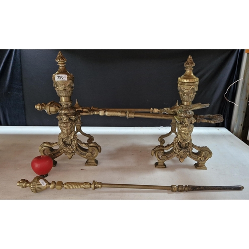 356 - Star Lot : A very handsome 19th century, Manor House large  heavy brass fireside set. Includes shove... 