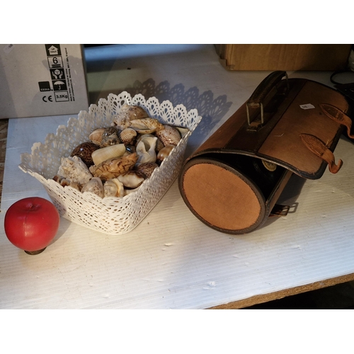 373 - A pair of Thomas Taylor Glasgow lawn bowls with original case. Along with a basket full of sea shell... 