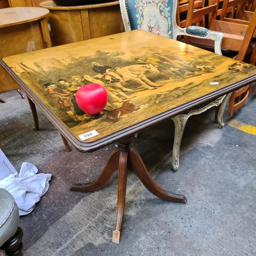 398 - Star Lot : A rare antique country house flip top tea table featuring a large hunting scene to table ... 